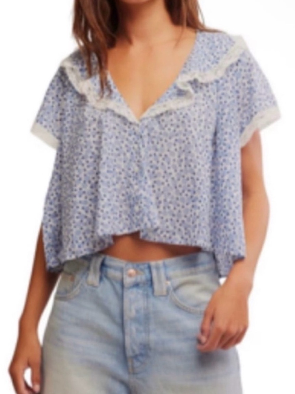 Free People Your Truly Sky Blue Floral Ruffle Crop Top